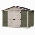 Abri de jardin 300 x 240 x 220 cm en résine vert kaki et beige à double porte