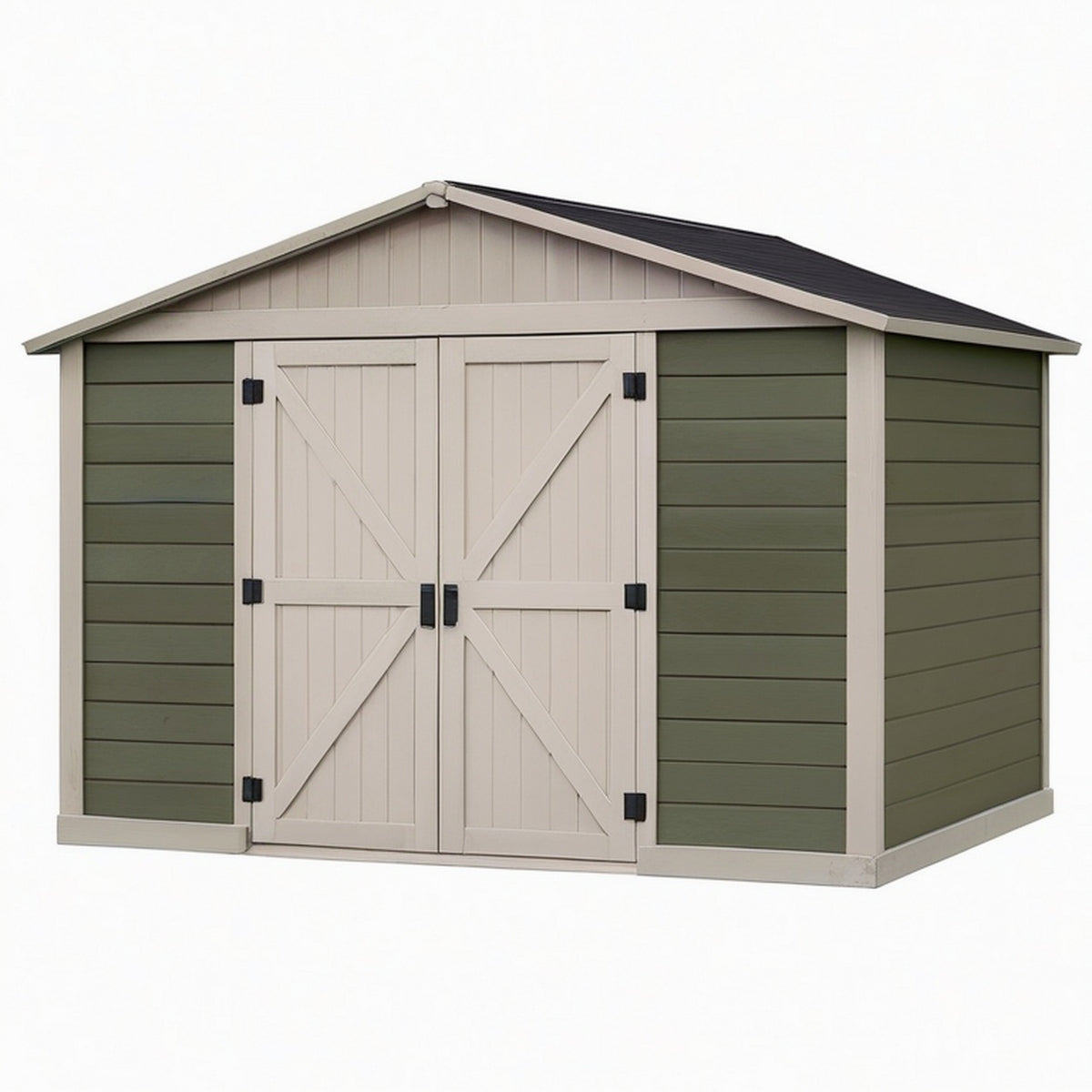 Abri de jardin 300 x 240 x 220 cm en résine vert kaki et beige à double porte