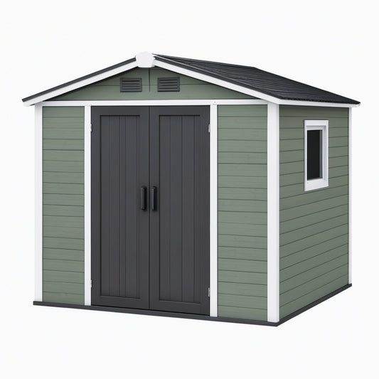 Abri de jardin 240 x 180 x 210 cm en résine vert gris avec double porte style chalet
