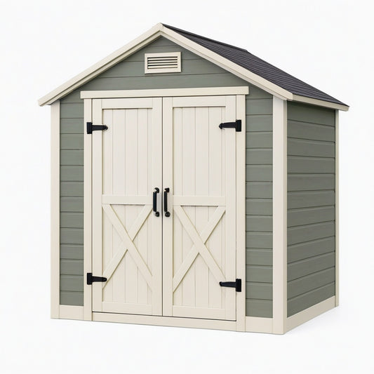 Abri de jardin 200 x 150 x 220 cm en bois vert et beige avec double porte style grange