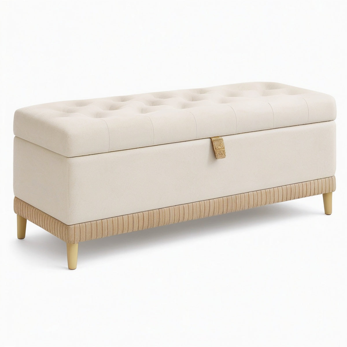 Banc de rangement 120 x 45 cm en tissu effet velours beige capitonné avec assise rembourrée