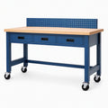 Établi d'atelier 183 x 76 x 100 cm acier bleu plateau en bois à roulettes avec 3 tiroirs et panneau perforé