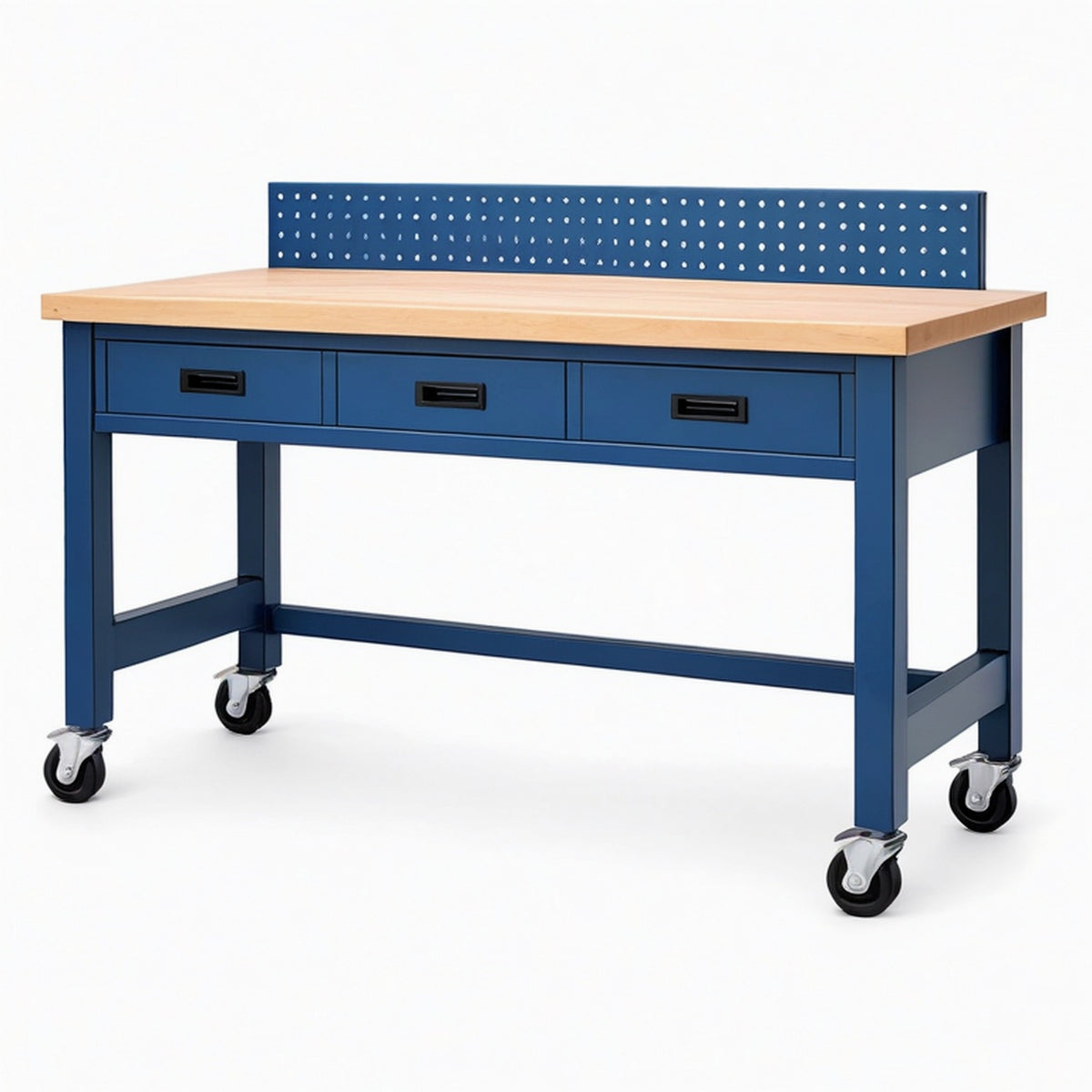 Établi d'atelier 183 x 76 x 100 cm acier bleu plateau en bois à roulettes avec 3 tiroirs et panneau perforé