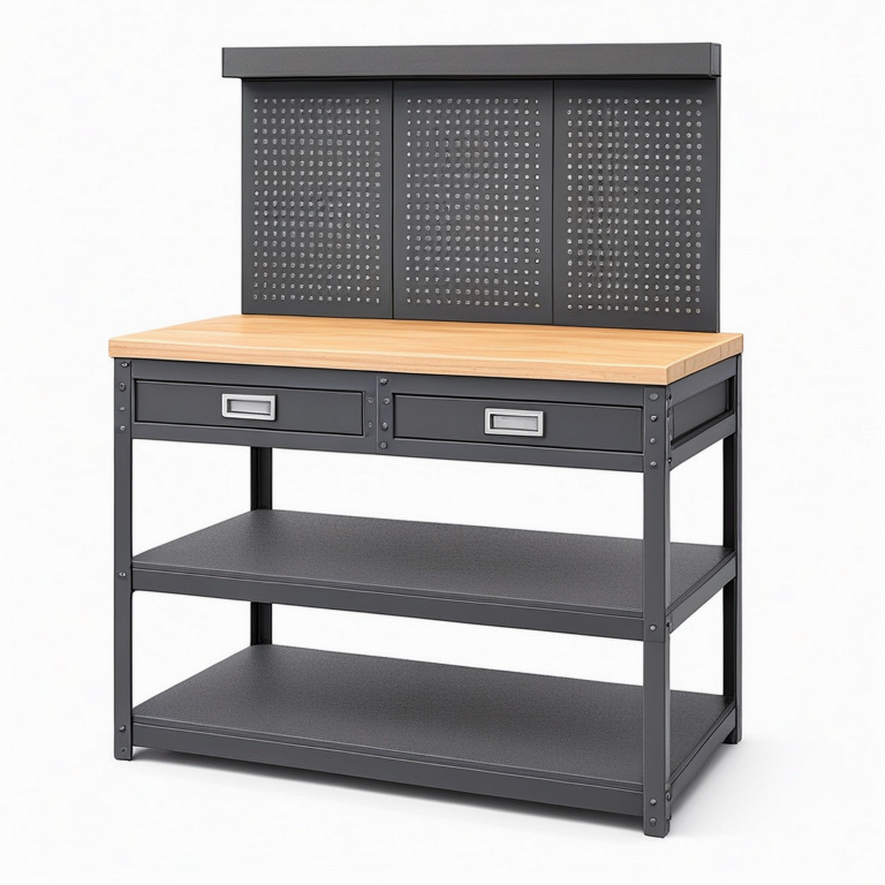 Établi d'atelier 120 x 60 x 150 cm en acier noir et bois avec rangement industriel