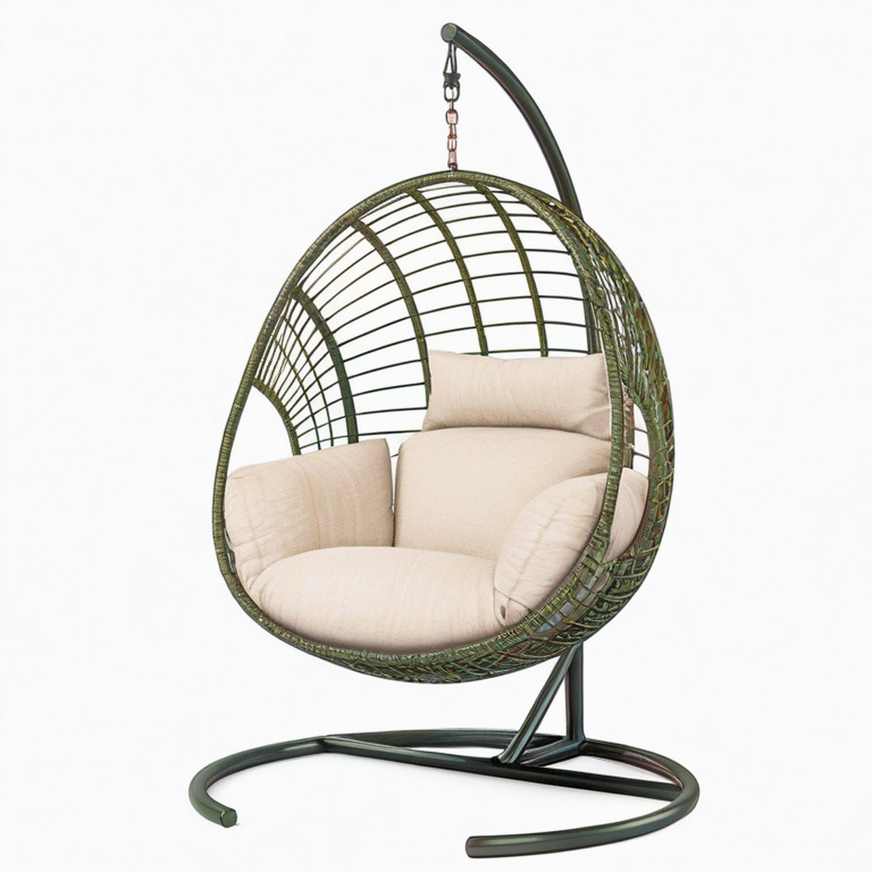 Fauteuil suspendu 105 x 105 x 195 cm en résine tressée vert olive avec support en acier style bohème