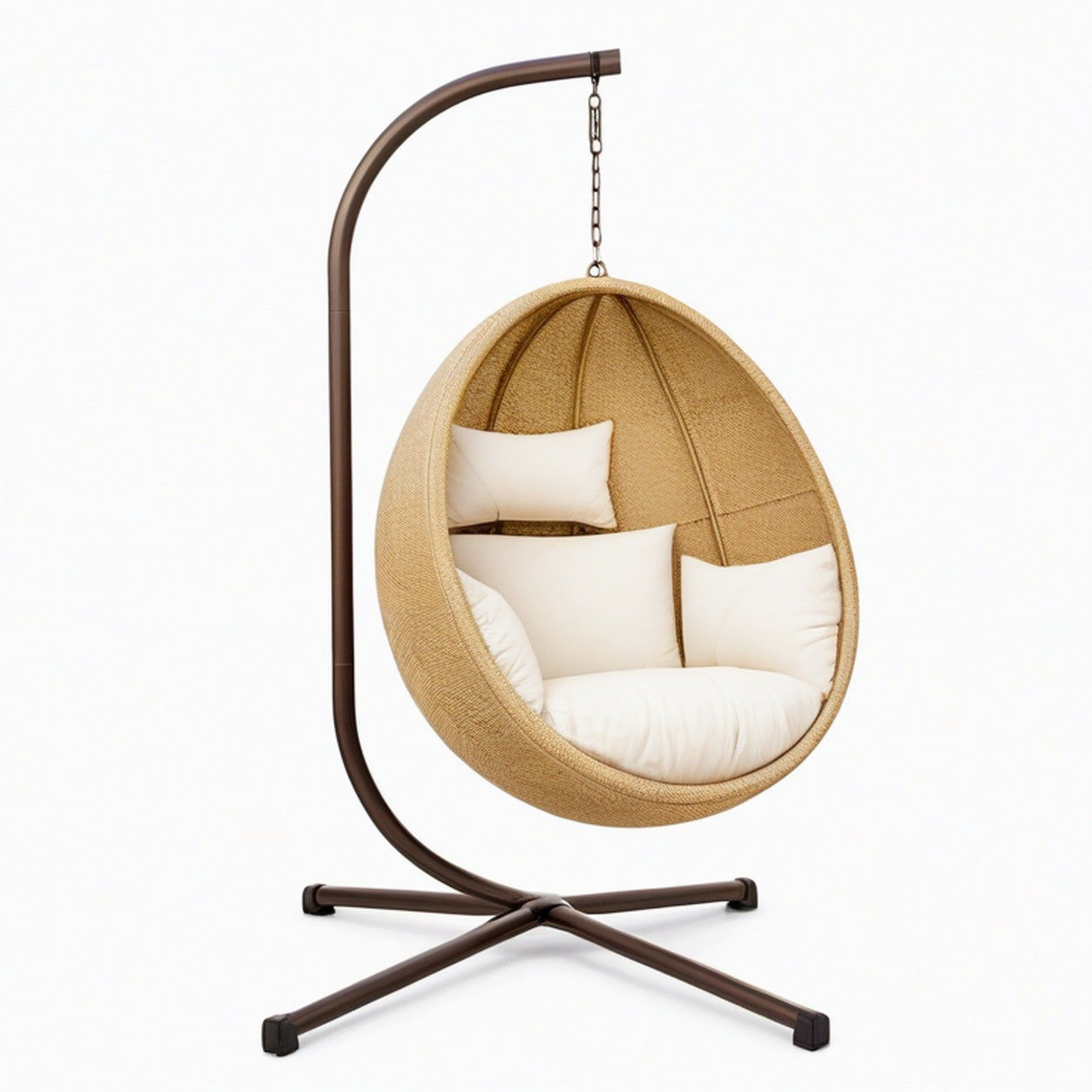 Fauteuil suspendu œuf 120 x 100 x 195 cm en fibre tressée beige avec support en acier style bohème
