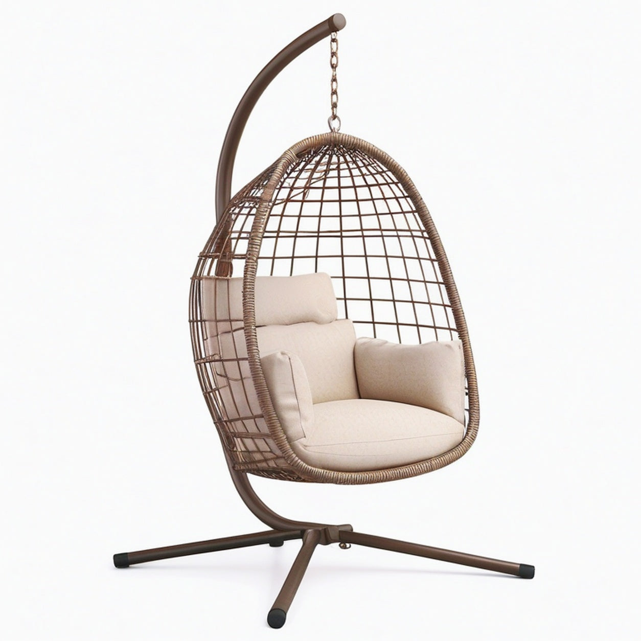 Fauteuil suspendu 105 x 105 x 200 cm en acier et résine tressée marron avec assise beige pour intérieur et extérieur couvert