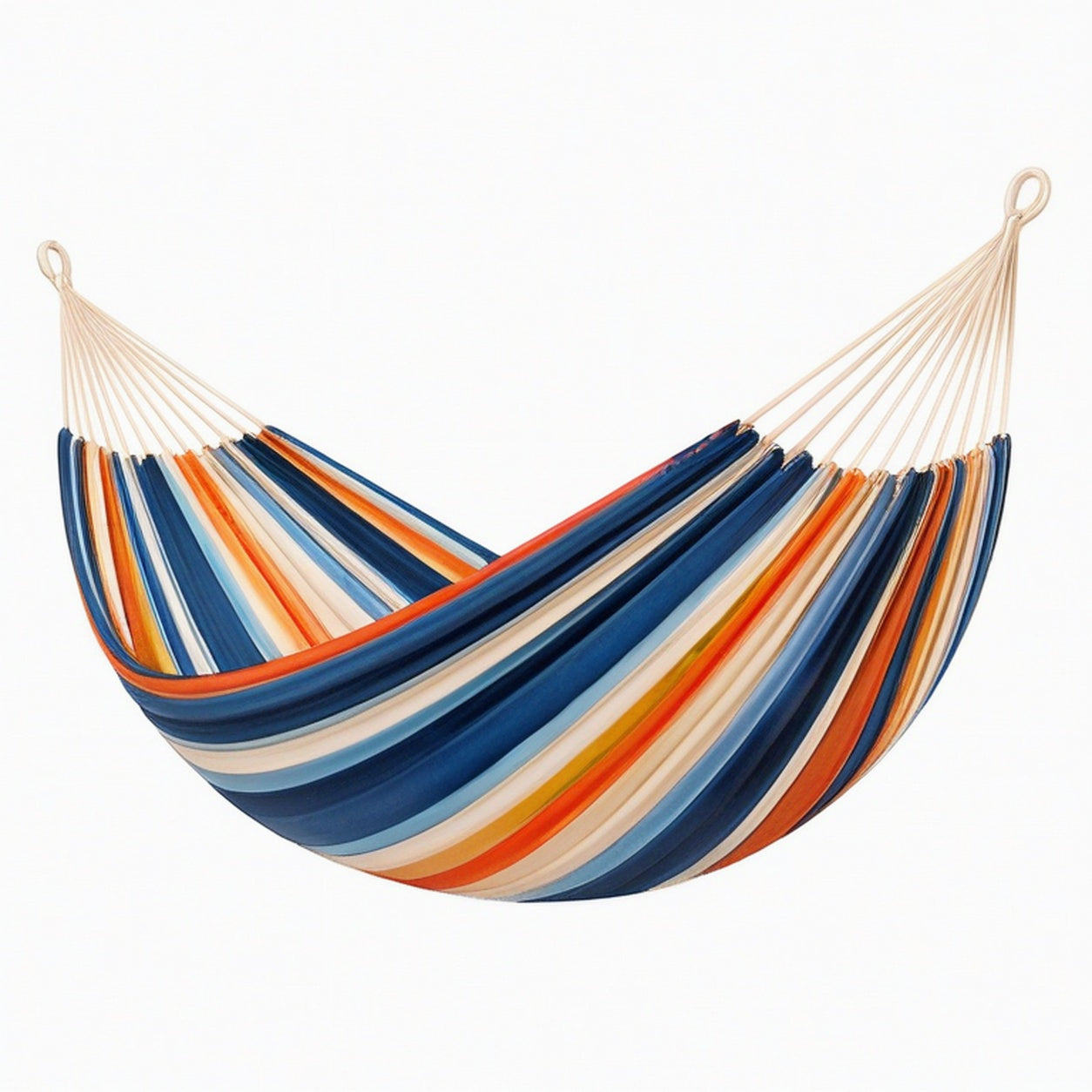 Hamac 300 x 150 cm en textile bleu orange beige - suspendu à rayures pour jardin