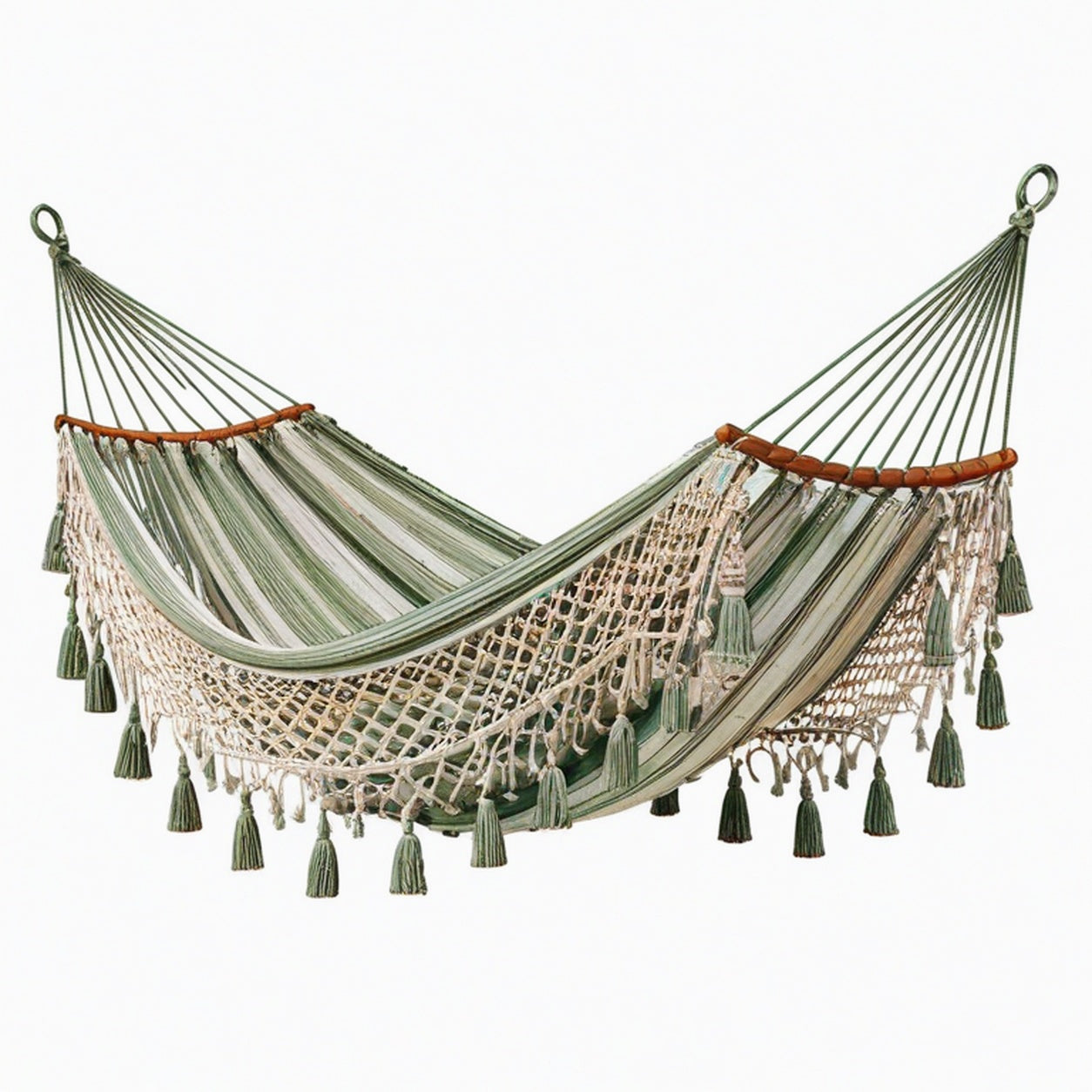 Hamac 300 x 100 cm en tissu vert et beige avec franges style bohème