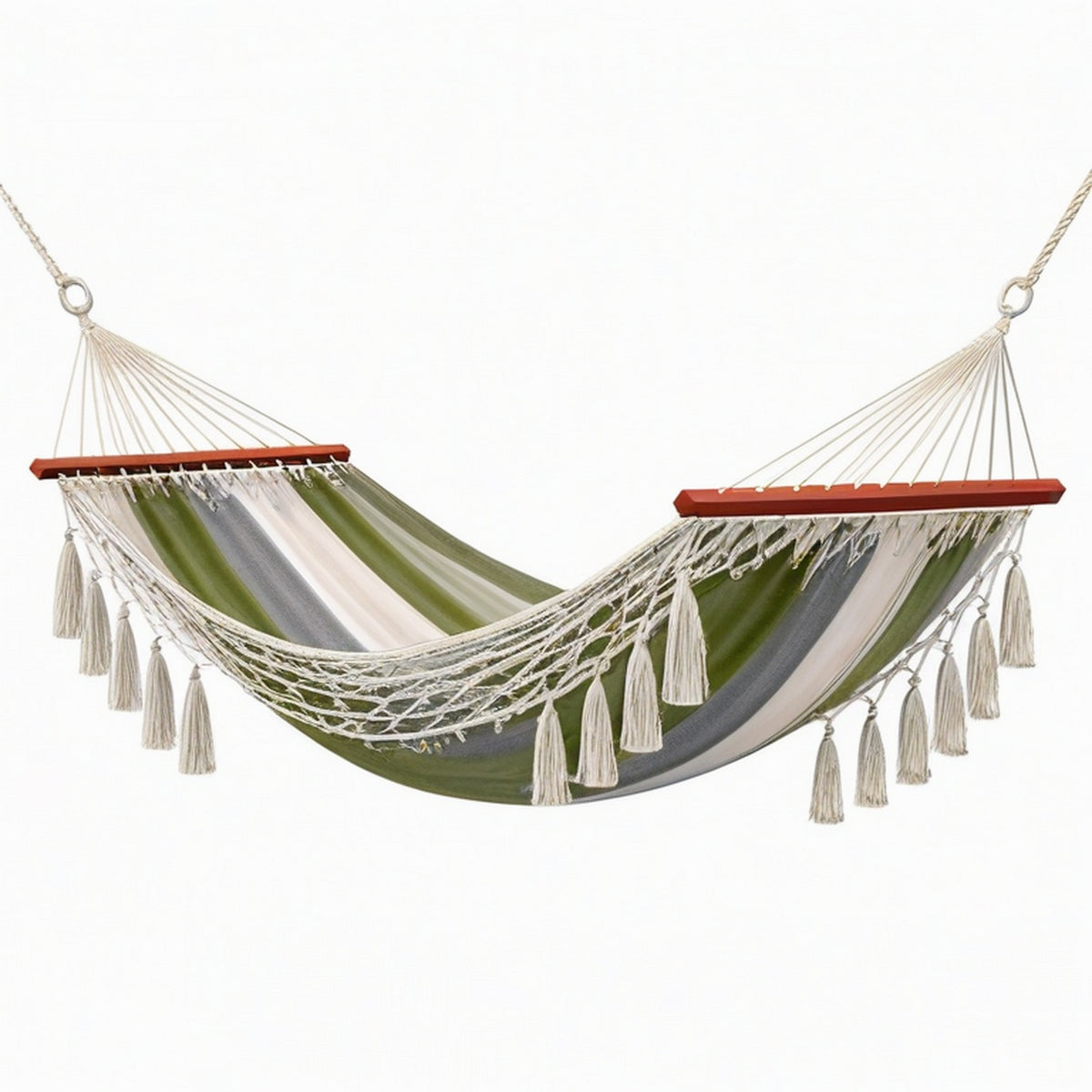 Hamac 200 x 80 cm en coton vert gris blanc style bohème à franges
