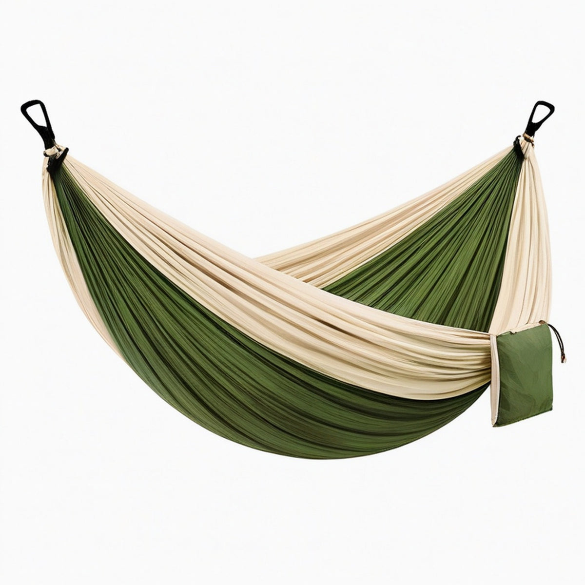 Hamac 270 x 140 cm en nylon vert kaki et beige avec mousquetons - pliable pour extérieur