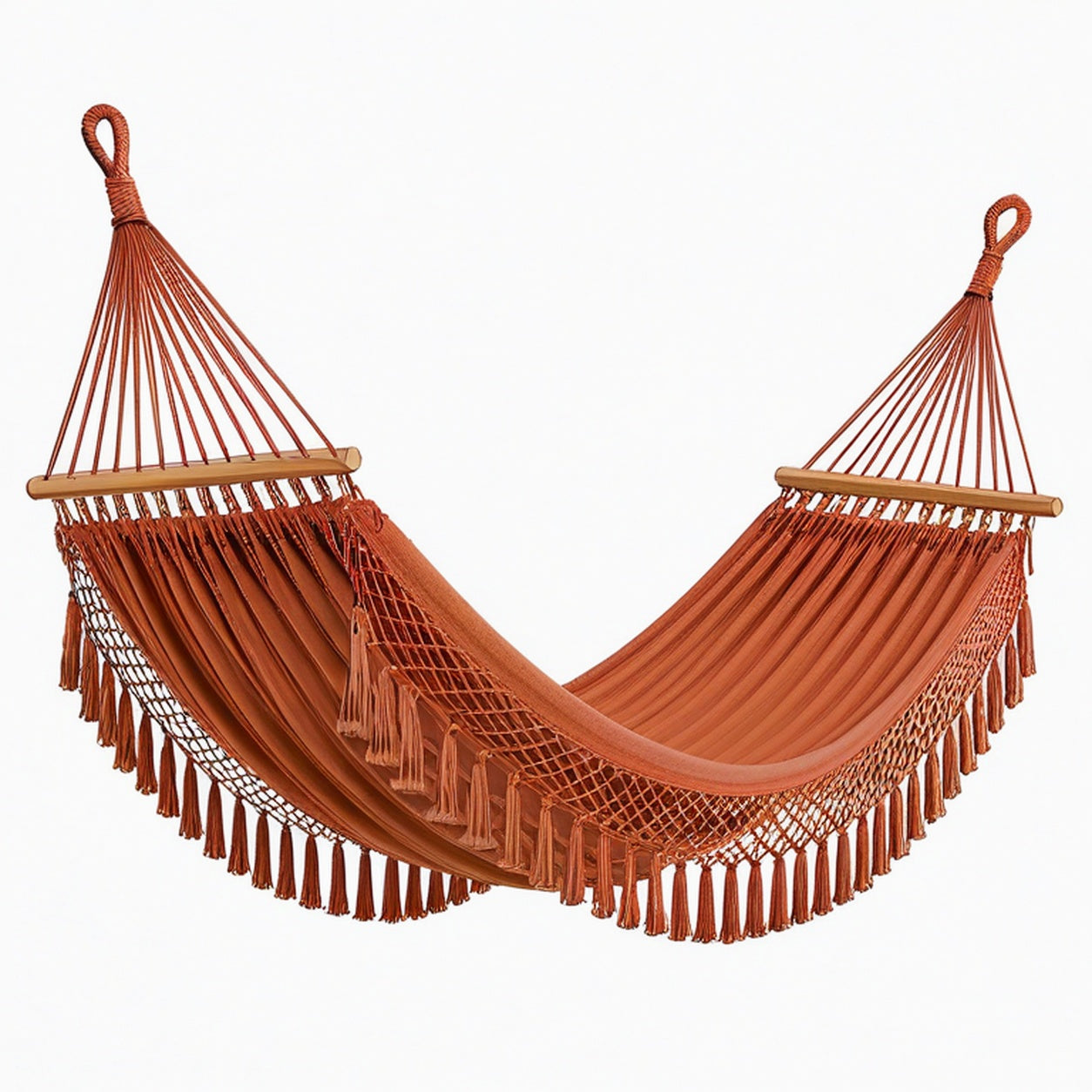 Hamac 300 x 100 cm en tissu terracotta avec barres en bois style bohème