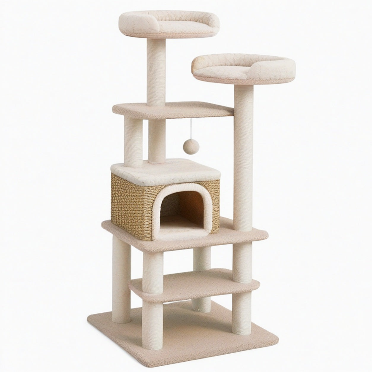 Arbre à chat 60 x 60 x 150 cm beige en sisal et peluche avec niche et plateformes
