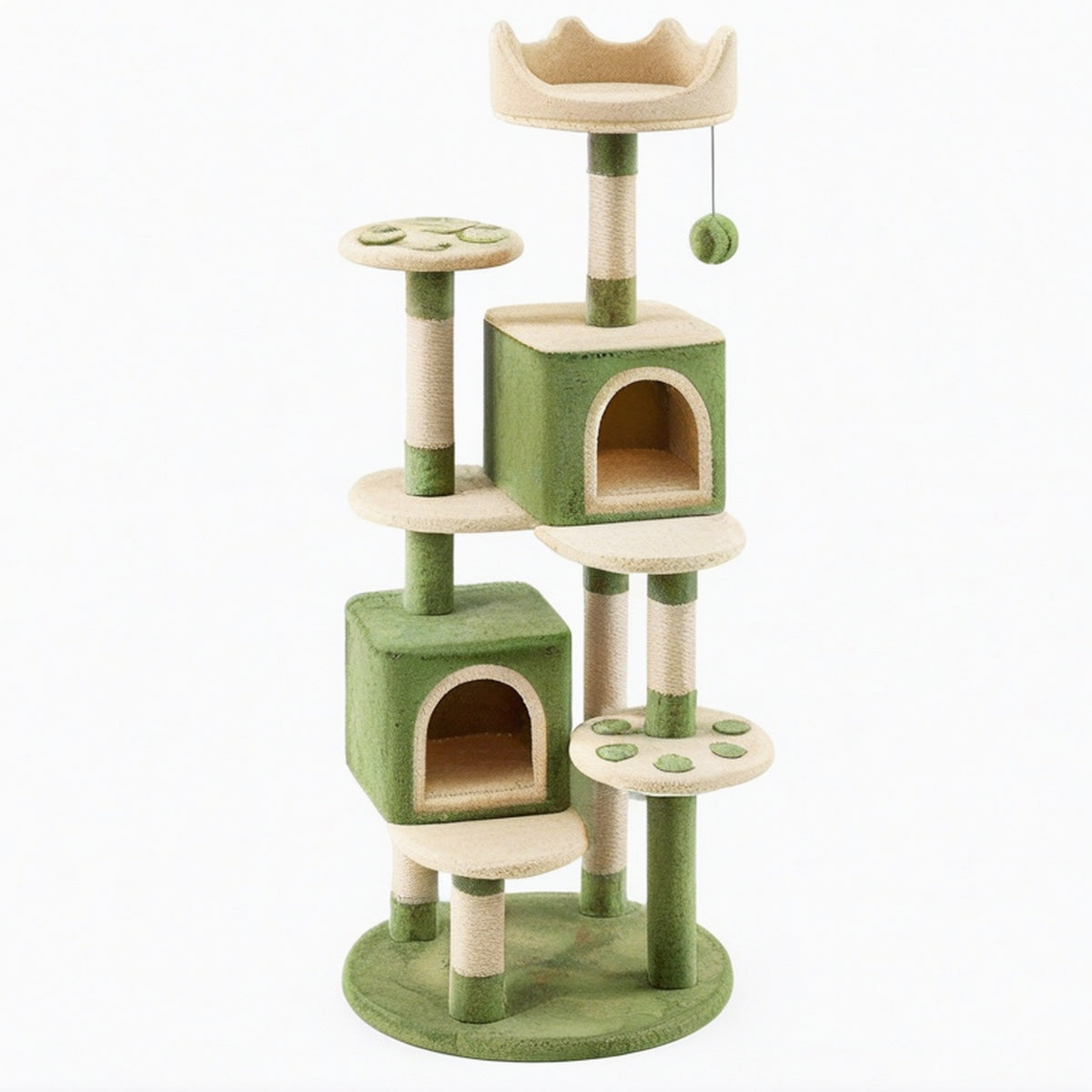 Arbre à chat 60 x 60 x 145 cm en sisal vert et beige avec niches et plateformes