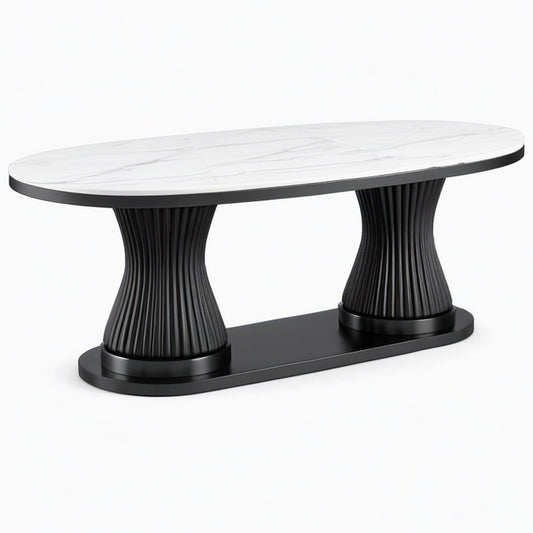 Table à manger ovale 200 x 100 cm effet marbre blanc et métal noir style contemporain