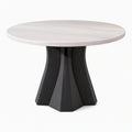 Table à manger ronde diamètre 120 cm plateau aspect marbre beige piètement bois noir contemporain