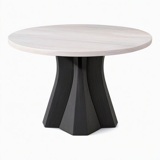 Table à manger ronde diamètre 120 cm plateau aspect marbre beige piètement bois noir contemporain