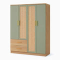 Armoire 160 x 55 x 200 cm vert sauge et bois avec cannage 4 portes 2 tiroirs style naturel