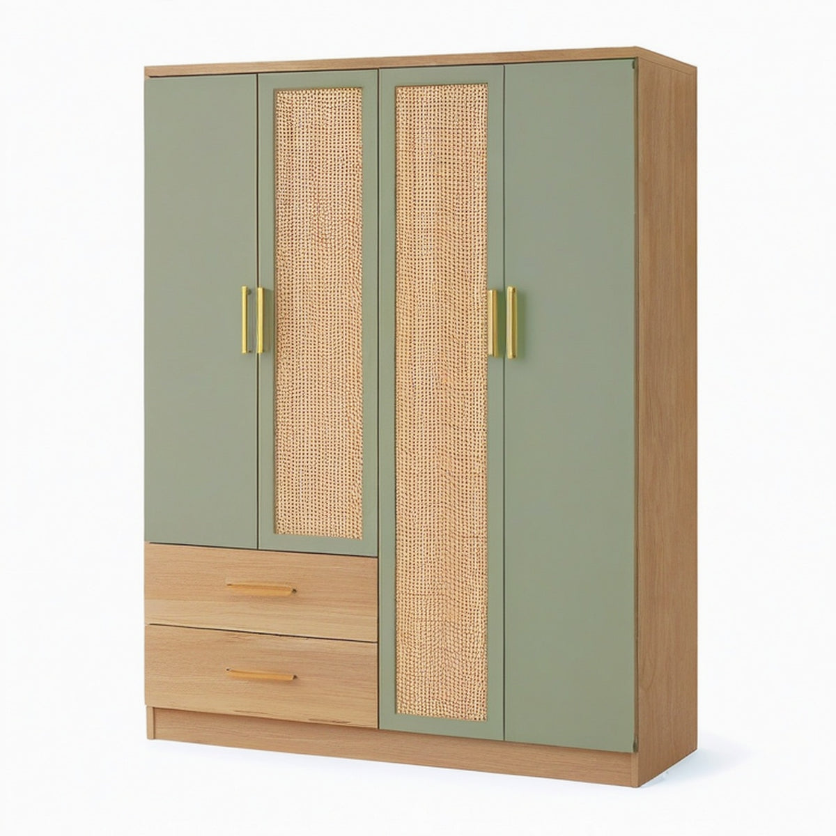Armoire 160 x 55 x 200 cm vert sauge et bois avec cannage 4 portes 2 tiroirs style naturel
