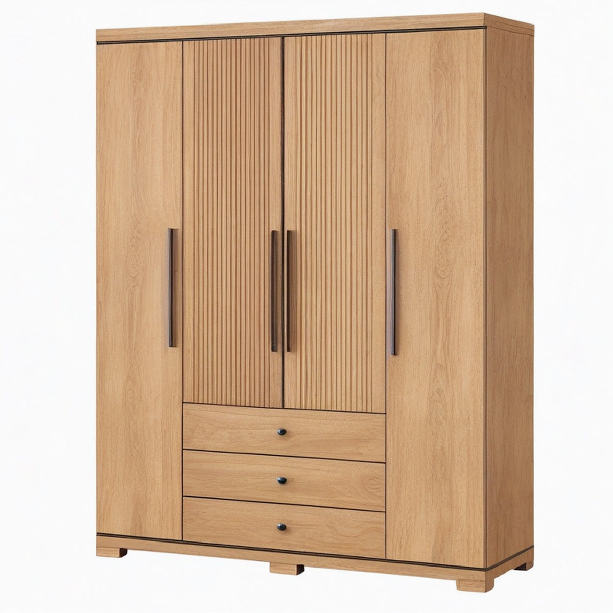 Armoire 160 x 60 x 200 cm en panneaux de bois chêne naturel avec 4 portes et 3 tiroirs style contemporain