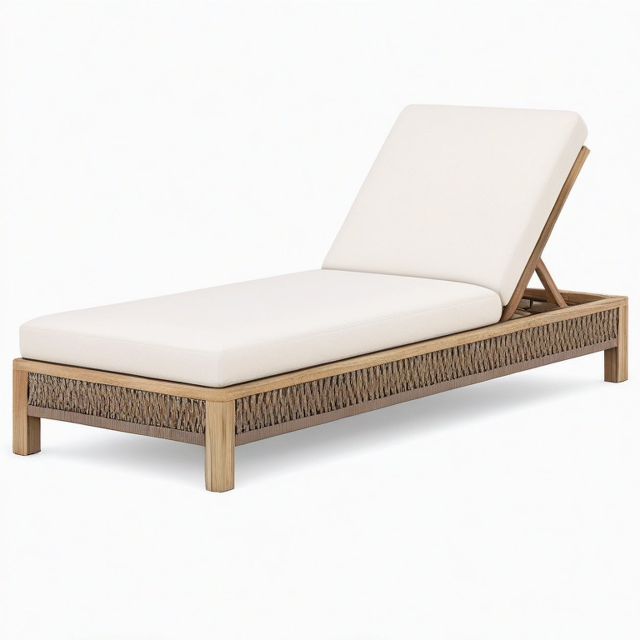 Bain de soleil 200 x 70 cm en bois et corde tressée beige pour extérieur dossier inclinable