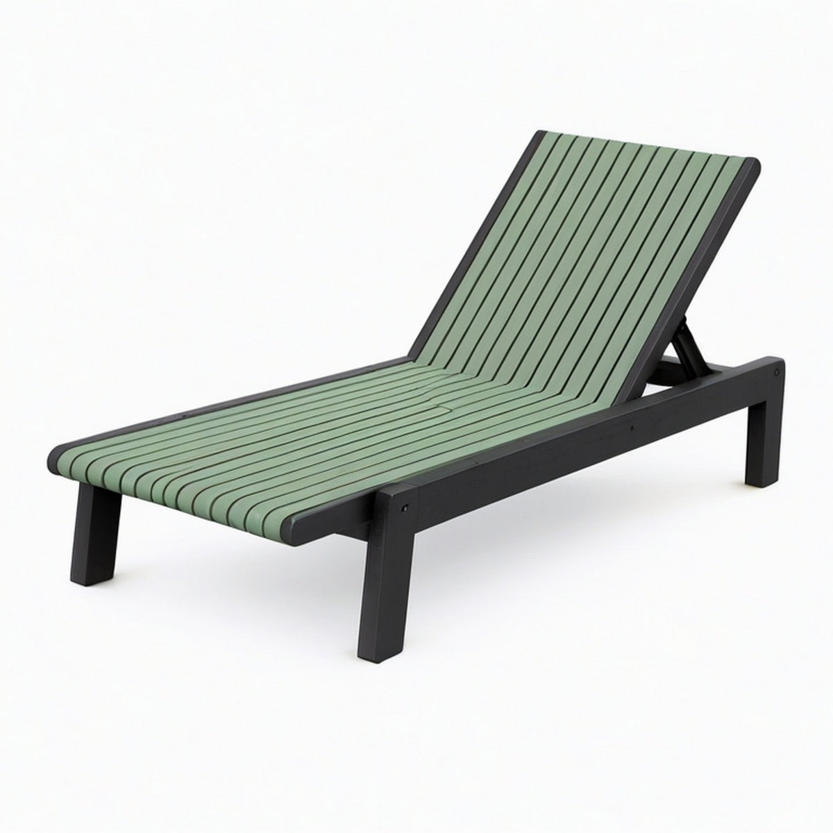 Bain de soleil 200 x 70 x 85 cm en bois noir et lattes vert sauge - dossier réglable pour extérieur